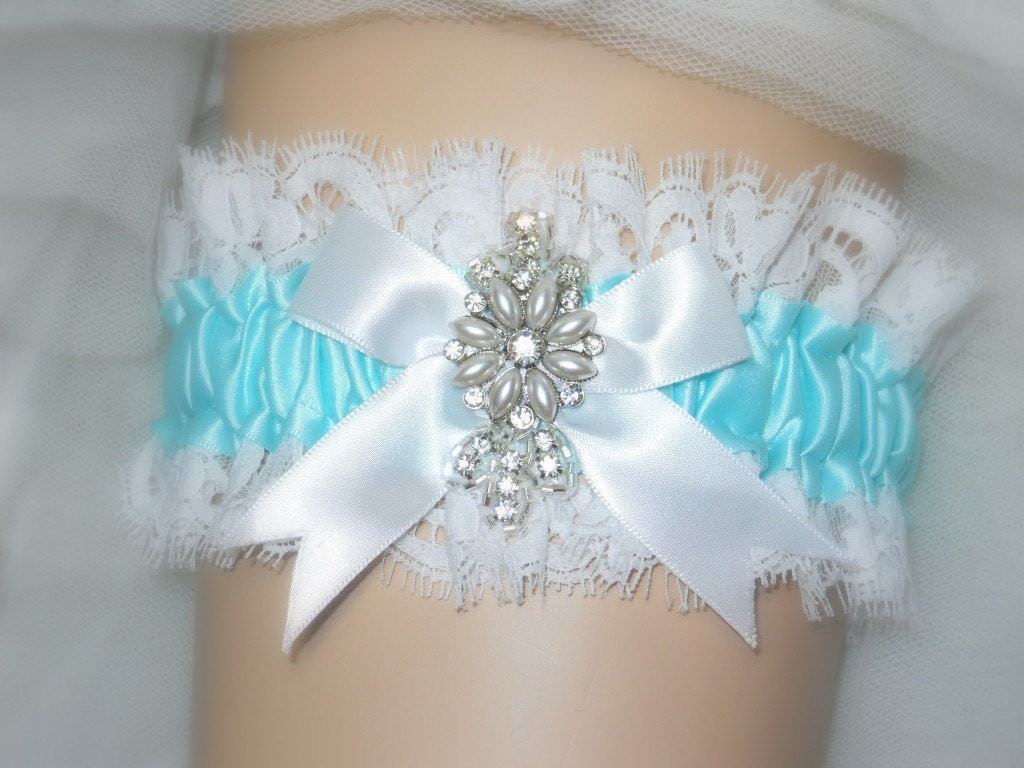 Wedding / Bridal garter in Tiffany Blue with White Alencon style lace ruffle, white satin bow and crystal rhinestone & pearl details