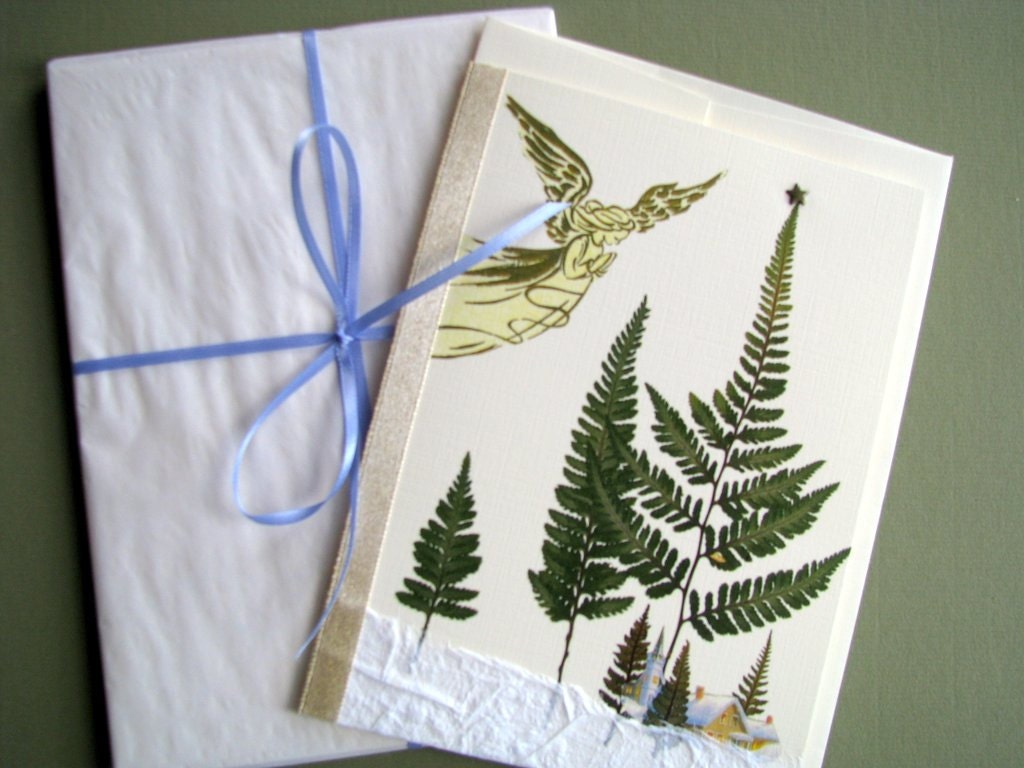 Japanese Painted ferns Christmas card with gold angel, pressed ferns, greeting card, no. 1141