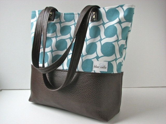 Tote Bag/Shoulder Bag in Circles in Turquoise with Brown Faux Leather - ready to ship