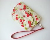 Smart Phone Wristlet, Smart Phone wallet in Strawberries on Ivory - ready to ship