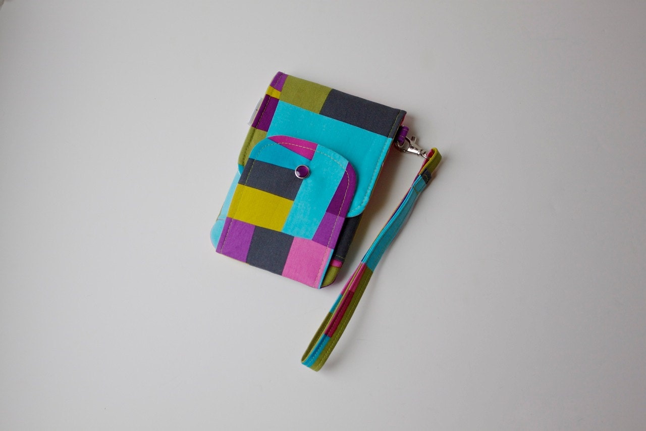 Smart Phone Wristlet, Smart Phone wallet in Colorblock Purple, Blue, Grey and Green - ready to ship