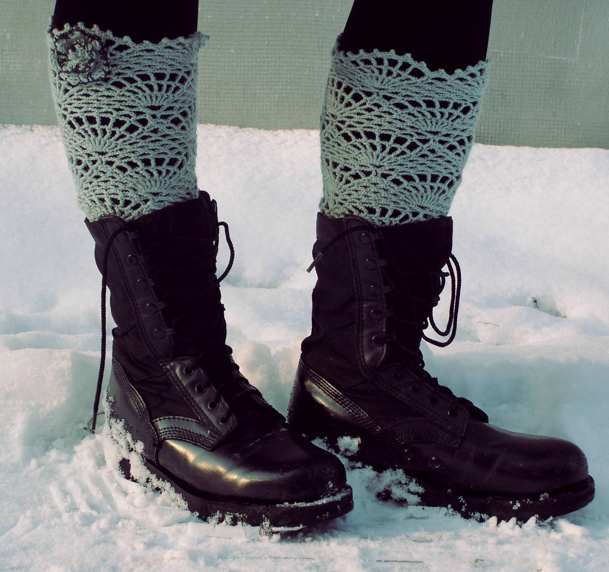 One Day in Black White and Gray - crocheted open work lacy long leg warmers spats cuffs in gray with crocheted flower