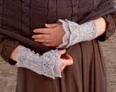 Cozy Warm - crocheted layered wrist warmers cuffs in light gray