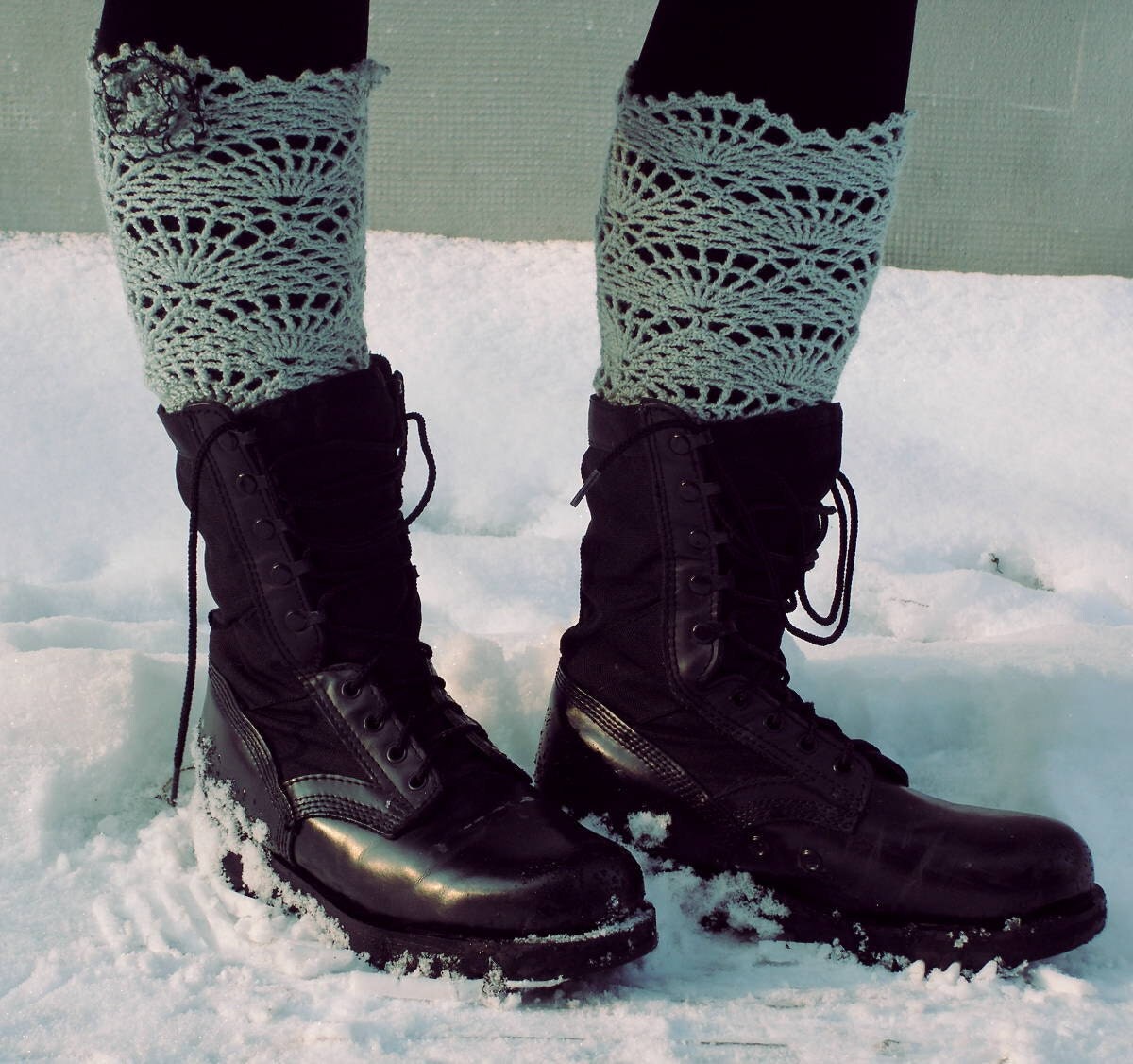 One Day in Black White and Gray - crocheted open work lacy long leg warmers spats cuffs in gray with crocheted flower