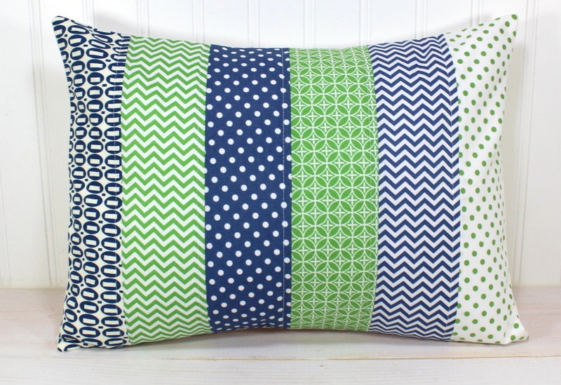 Pillow Cover - 12 x 16 Inches - Navy Blue and Green Chevron