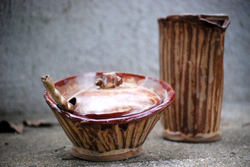 hand built ceramic sugar bowl and creamer set in golden brown