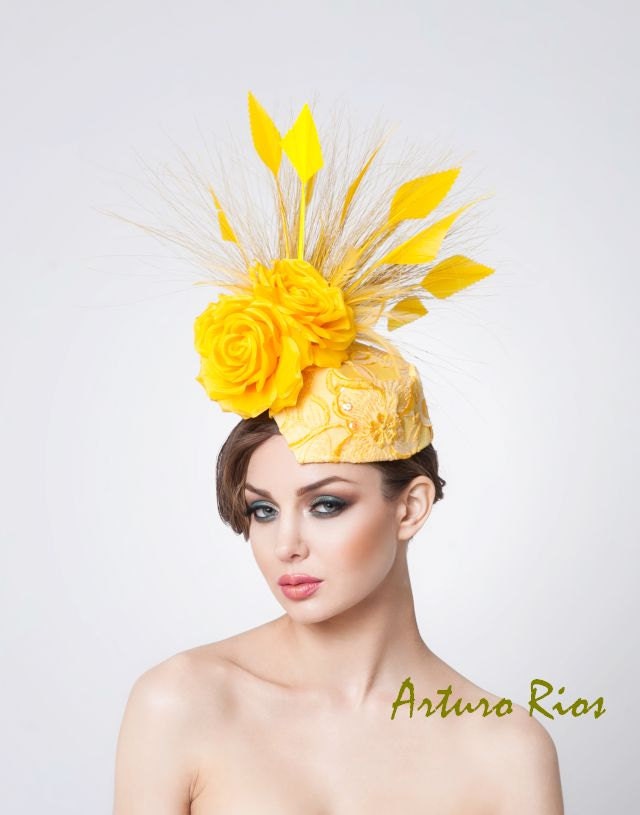 Yellow fascinator, Kentucky derby hat, Headpiece