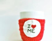 Funny coffee mug tea cup cozy I Heart Me red white black crochet valentines day handmade cover