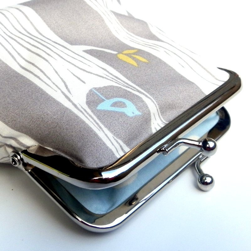 Coin purse large size organic fabric woodland bird trees forest pale grey white