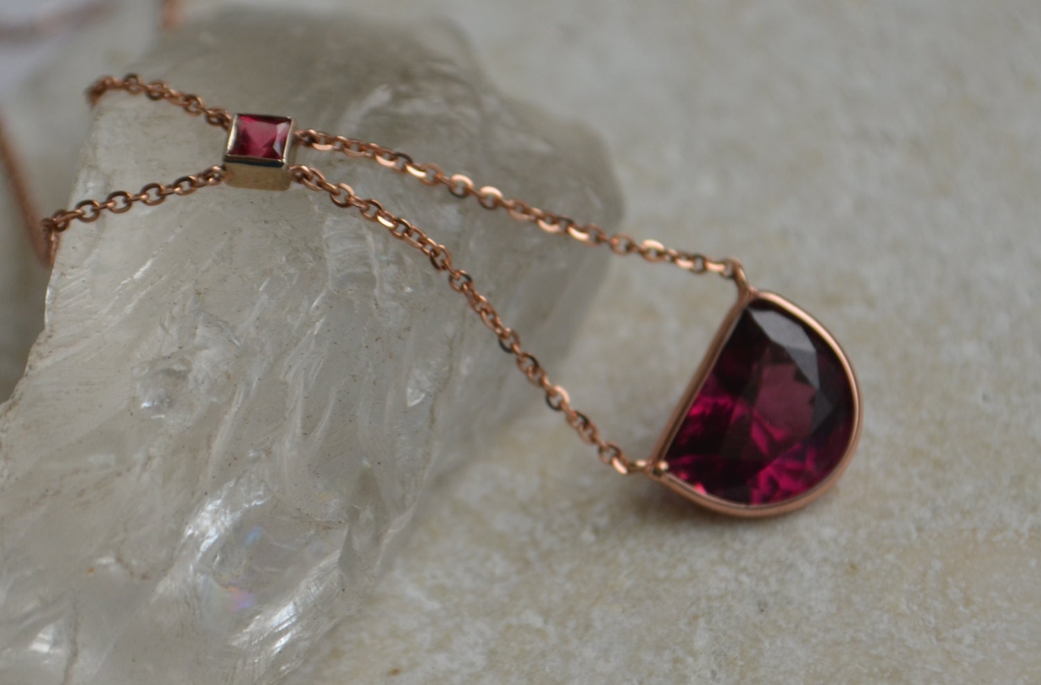 Fancy Cut Rhodolite and Spinel Necklace, Edwardian Style in Rose Gold
