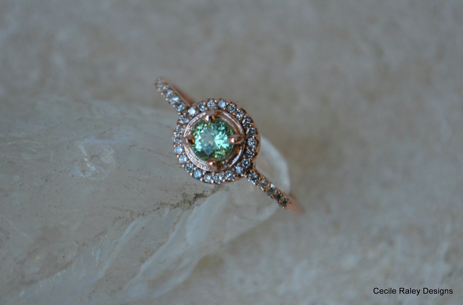 Rose Gold Halo Ring With Merelani Mint Garnet and Diamonds - Introductory Price