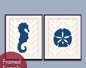 Modern Seahorse and Sand Dollar (A) Set of 2 - 11x14 Art Print (Featured in Deep Blue and Soft Cream) Custom Colors