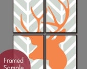 Deer Head Chevron Series C (Set of 4 11x14 Art Prints) (Featured in Silver Cloud and Orange Peel) Vintage Modern Decor