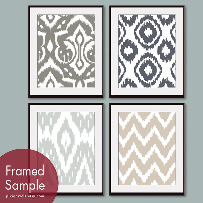 Ikat Tribal Patterns (Series A) -Set of 4 - 8x10 Art Prints (Featured in Gravel, River Rock, Fog Grey and French Grey)