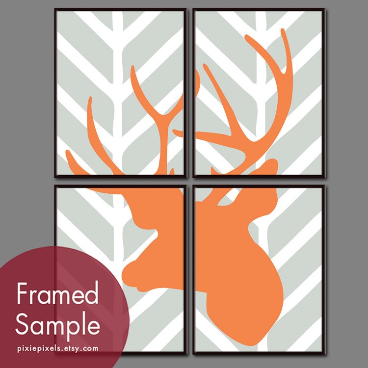 Deer Head Chevron Series C (Set of 4 11x14 Art Prints) (Featured in Silver Cloud and Orange Peel) Vintage Modern Decor