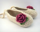 Crochet Baby Booties, Cream and Rose Baby Ballet Shoes