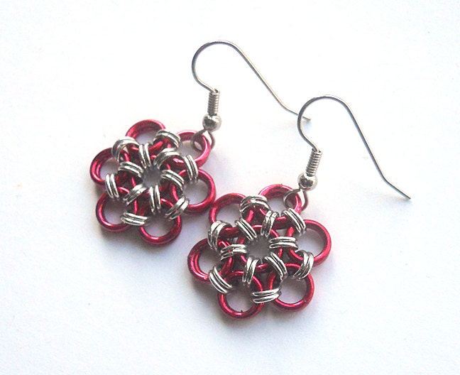 Red flower earrings, Chainmaille flower jewelry, Japanese 12-in-2 weave