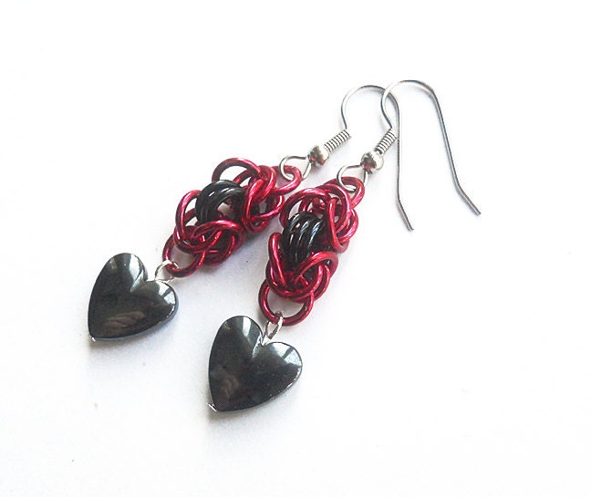 Red heart earrings, Hematite jewelry, Chainmaille byzantine weave