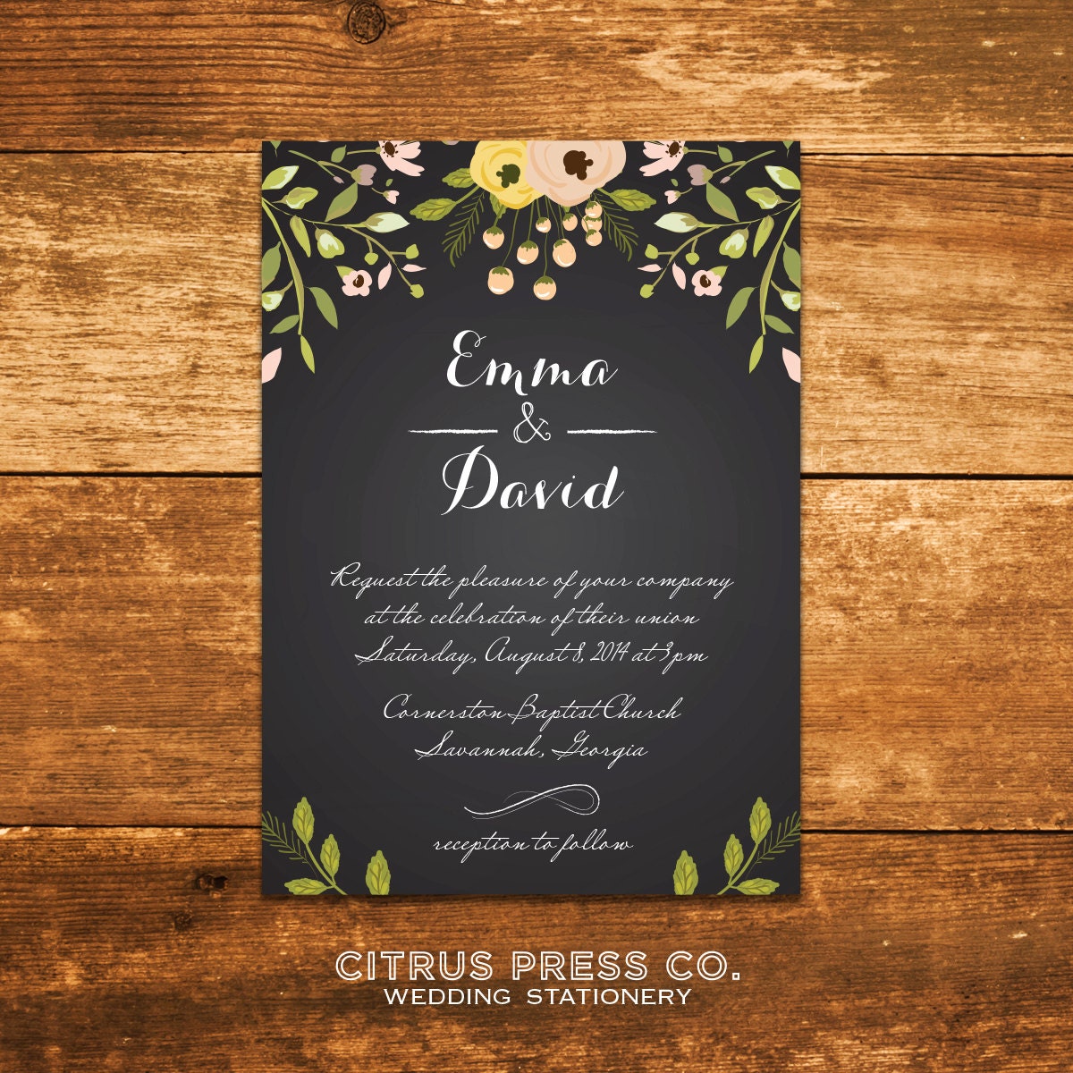 Chalkboard Wedding Invitation with flowers - available as DIY PDF Printable