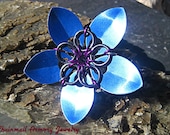 Barrette - Blue Scale Flower Barrette (brooch pin) - Violet Center