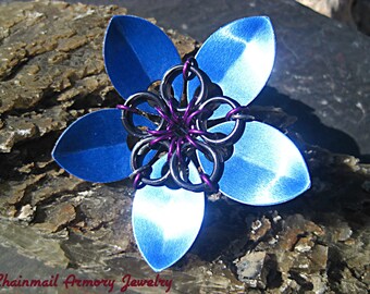 Barrette - Blue Scale Flower Barrette (brooch pin) - Violet Center