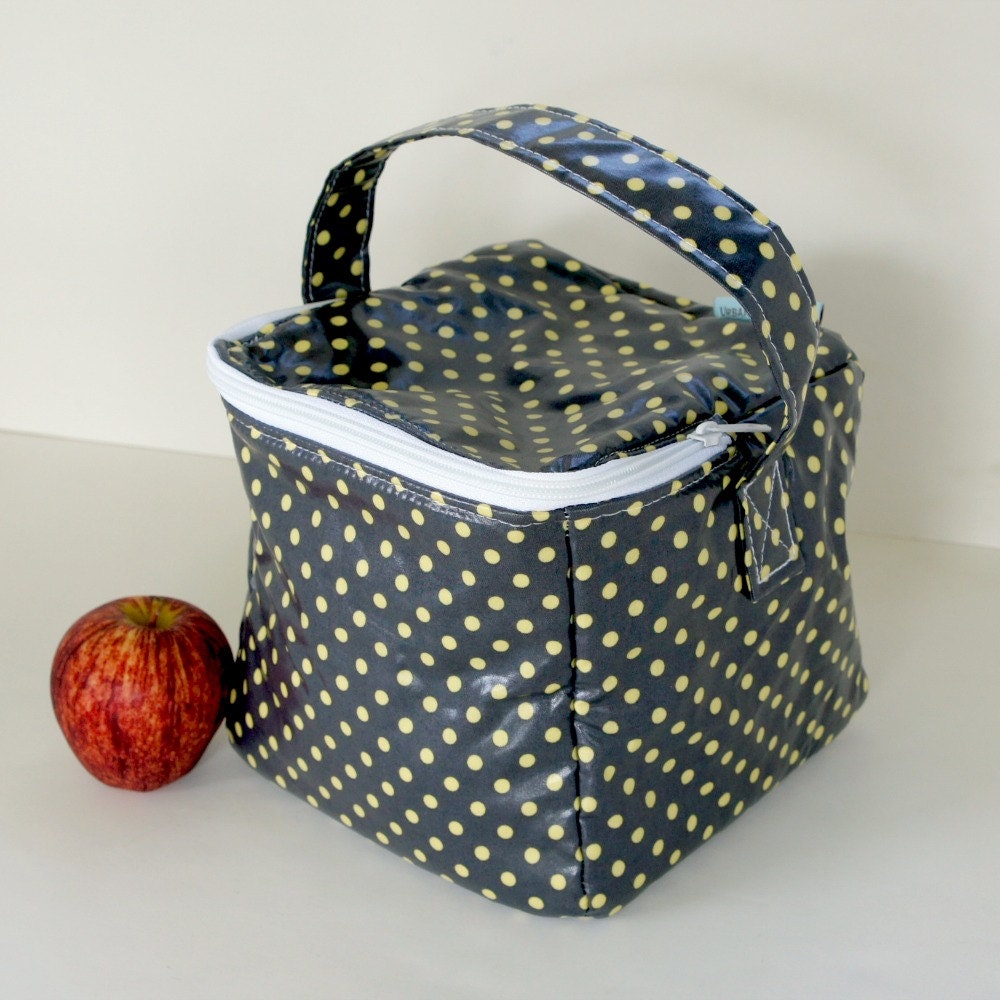 INSULATED Big Bento Box Lunch Bag in Lemon Grey Polka Dot