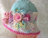 Hand Knitted Baby Hat - Brimmed  Baby Hat -Cotton Knitted Baby Hat-Children Clothing- Baby Girl Clothing - Brimmed FANTASY FLOWER HAT
