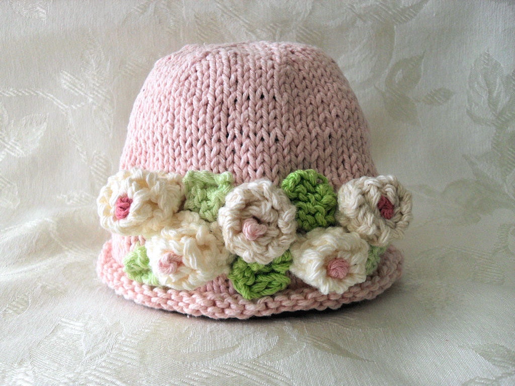 Hand Knitted Cotton Baby Beanie-Pale Pink with Ivory Rosebuds-All Weather Knitted Baby Hat-Children Clothing - BLUSH OF COLOR