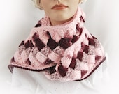 Pink and Burgundy Woven-Look - Hand Knit - Acrylic - Long Wrap Scarf