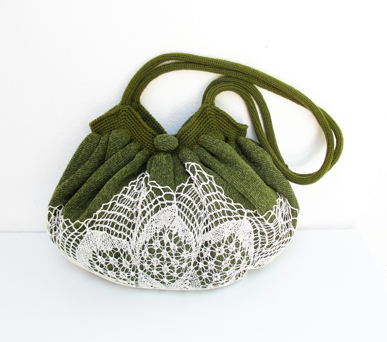 Good Old Times Vintage Doily, Knit fabric and crochetted Bag