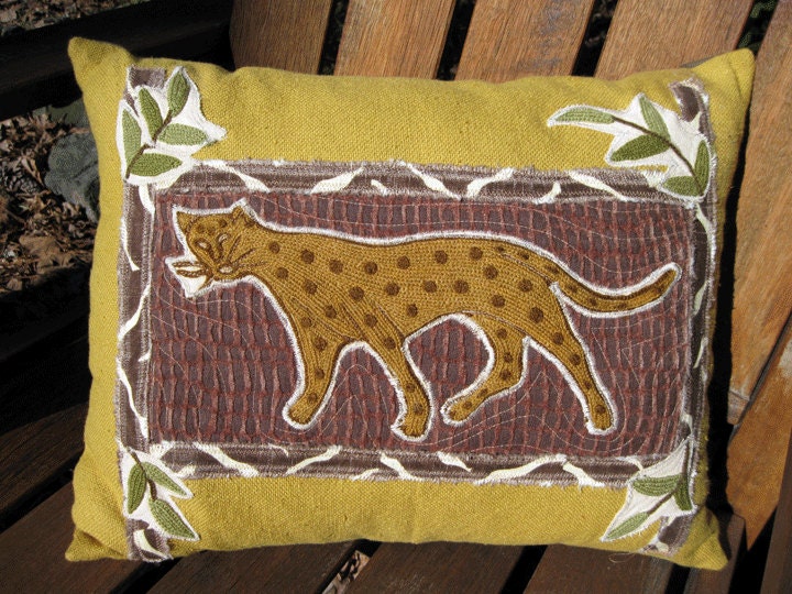 Jungle Pillow Cover--With Leopard in Wool Crewel Embroidery