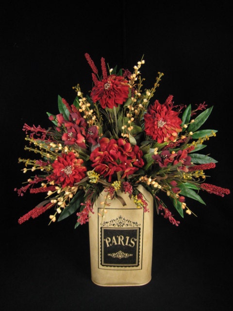 Red Floral Wall Pocket Door Wreath Cream Black Paris Motif Wall or Table Floral Arrangement
