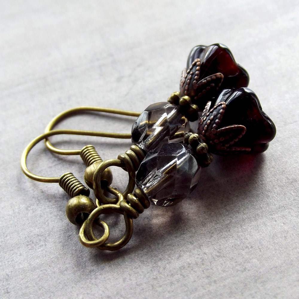 Antiqued Bronze Brass Flower Earrings -Dark Red Garnet & Smoke Crystals