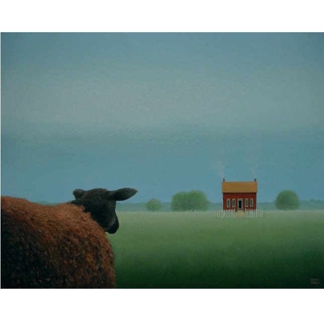 Large Sheep Painting Old Farmhouse ICELANDIC Sheep Art Landscape 16 x 20  Original  Fine Art Folk Painting Art Gift
