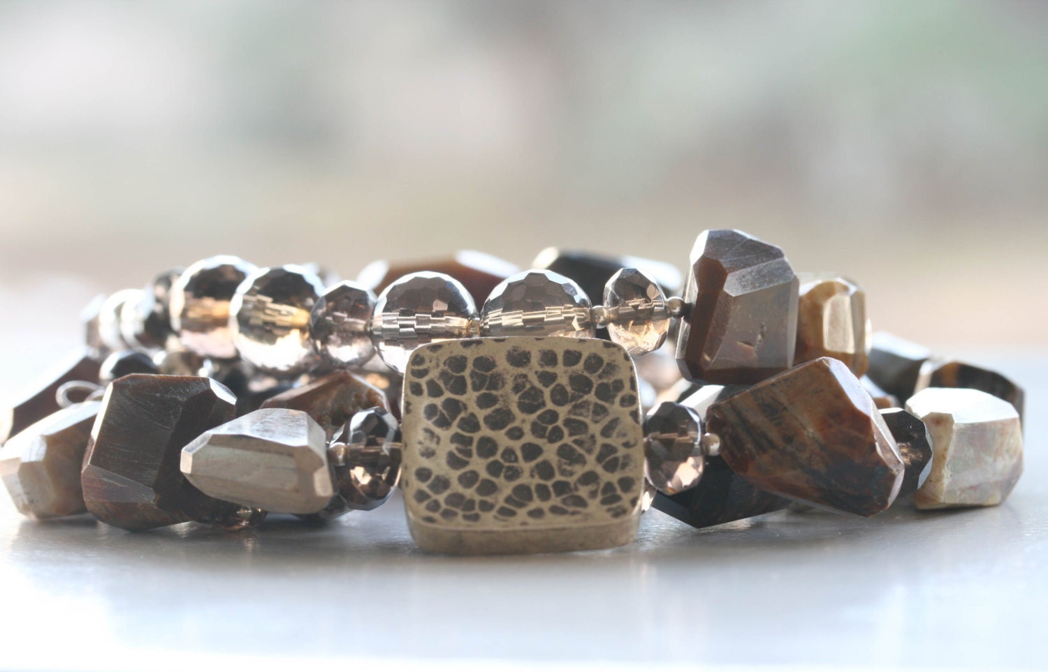 Pertrified Wood amazing stone necklace with smokey quartz, sterling and fine silver
