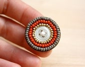 Candy Button - Colourful Beaded Button Brooch in Gold Orange Grey