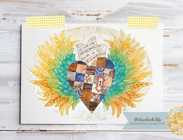 Denim and Dirt Heart with Wings Art Print 11 x 14. Everyday is Extraordinary. Watercolor Collage in Blue, Brown, Green, Gold.
