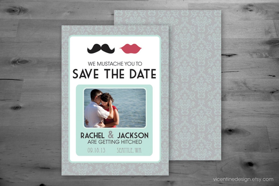 Save the Date - Mustache & Lips - We Mustache You to Save the Date - Mint green - Damask
