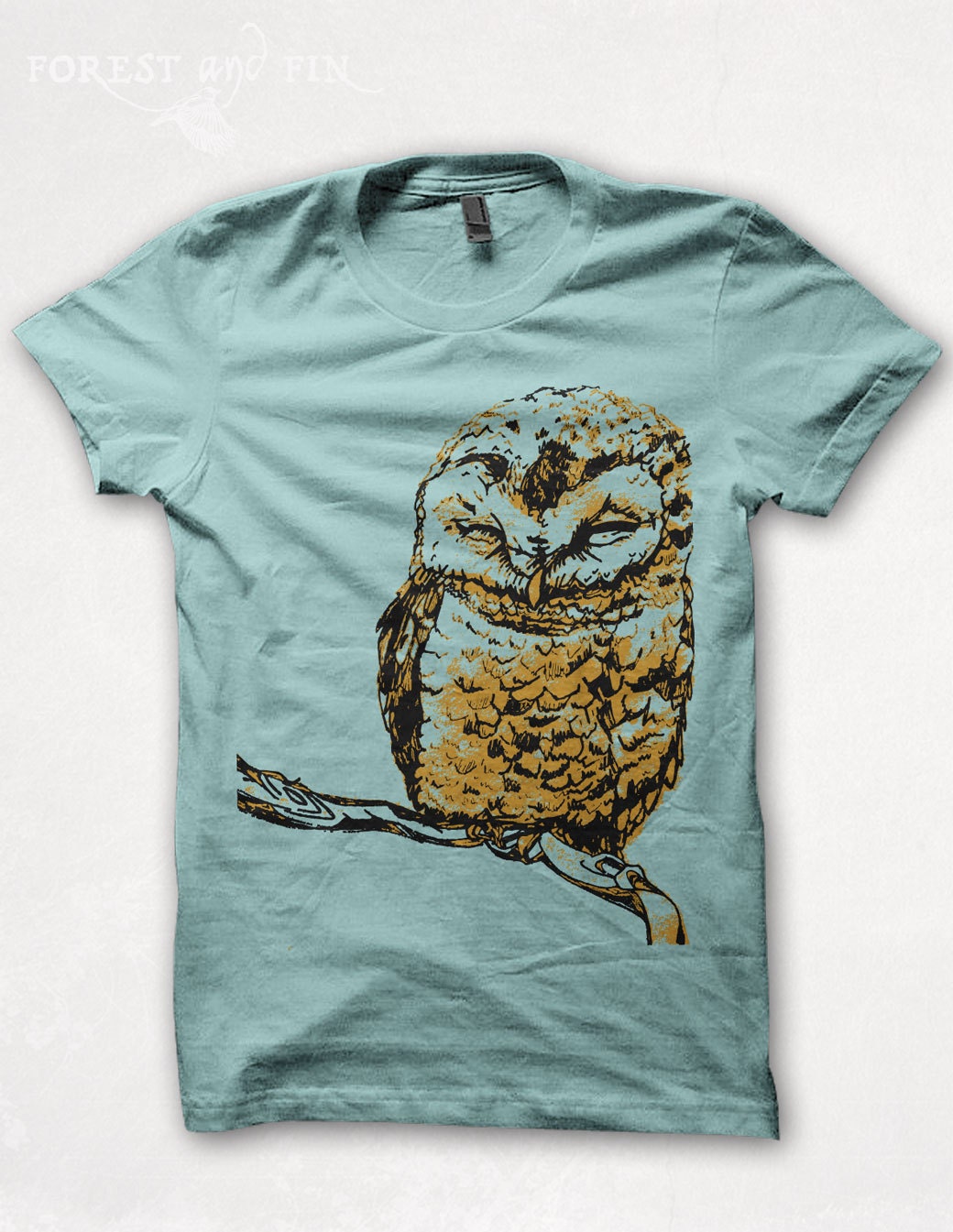 Womens Owl TShirt, Fitted,  Bird Shirt, Screenprinted Animal, Graphic Tee For Women - Aqua
