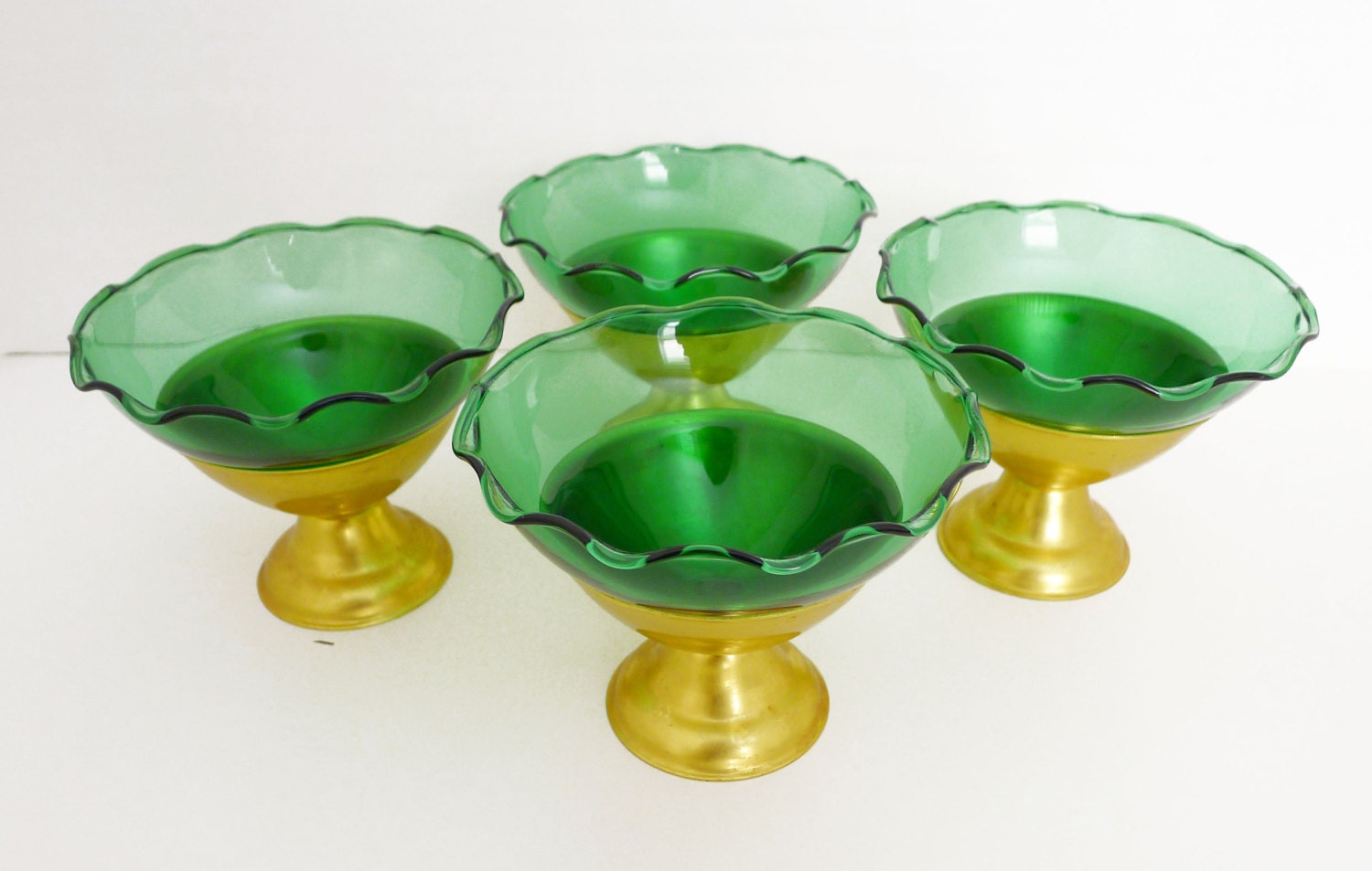 Set of 4 Vintage Forest Green Sherbet Dishes with Gold Base