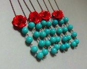 Red and Turquoise Flower Bridesmaids Necklace Set of Four. Statement Necklace. Bridal Jewelry. Bridesmaid Necklace. Beaded Necklace