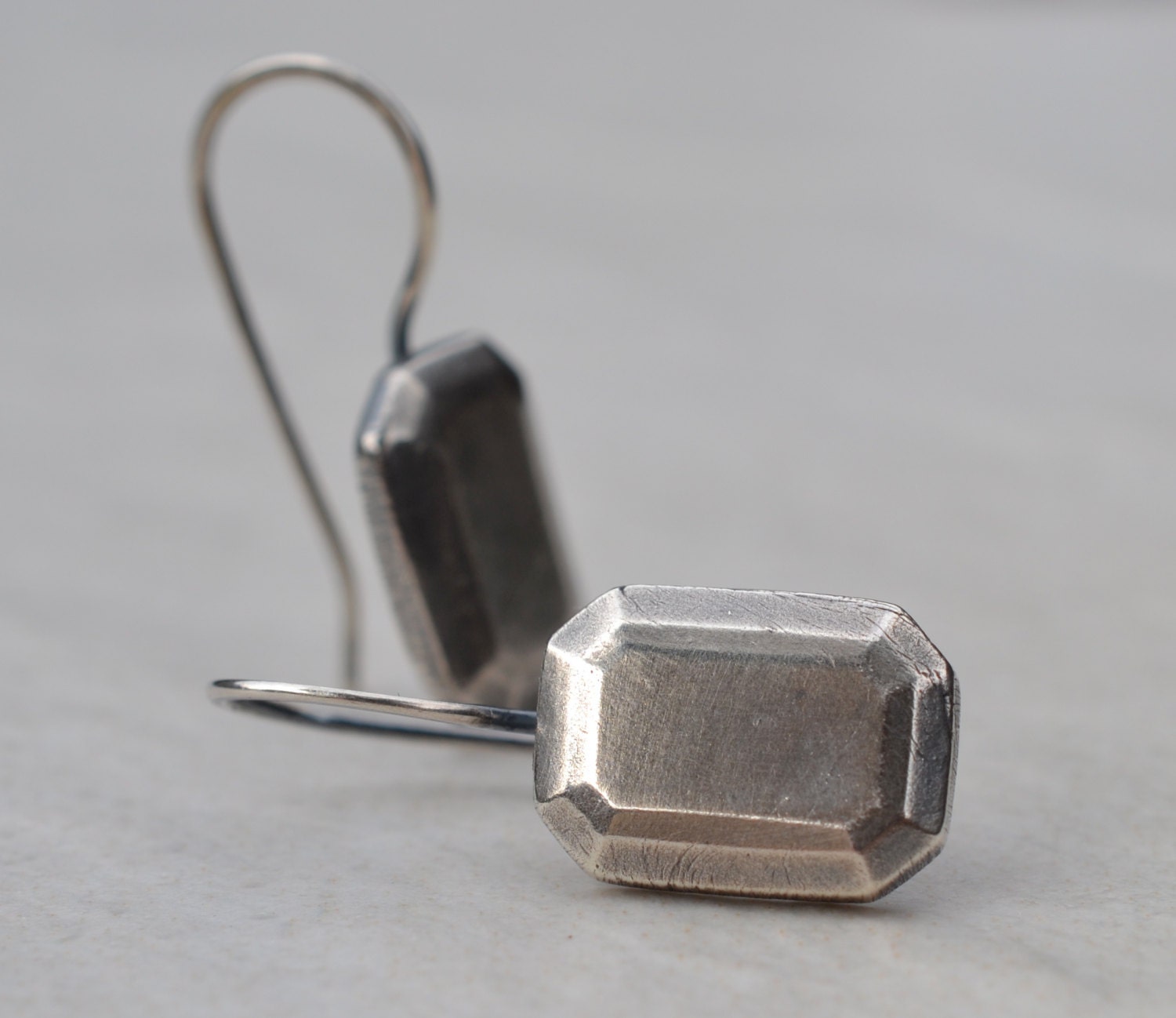 Rustic Royalty Sterling Silver Faceted Metal Earrings Emerald Cut