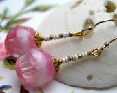 Pair of  Vintage Czech Glass Beaded Earrings, pink and white, dangle