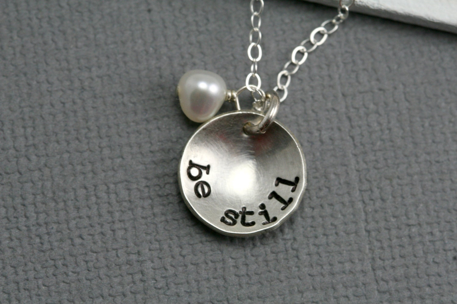 Be Still Inspirational Bible Quote - Hand Stamped Sterling Silver Charm - Personalized Birthstone and Pearl Trio - LDS Inspired Necklace