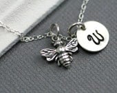 Personalized Bee Necklace - Sterling Silver Bee - Monogrammed Disc - Customized Bridal Jewelry