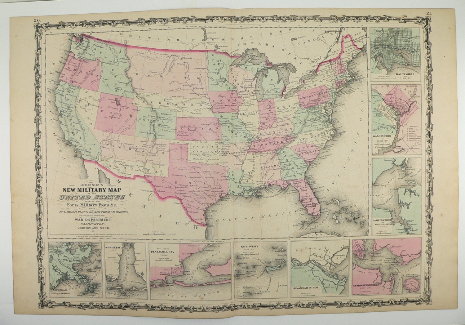United States Antique 1862 Johnson Map Civil War Military Map Forts Ports Harbors