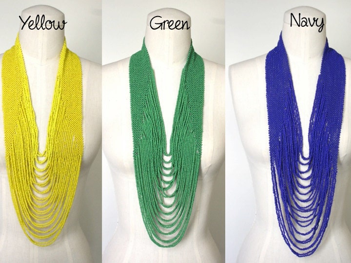 Beaded Layered Long Opera Necklace Bright Rainbow Colors Solid Statement Necklace Summer, All Colors Available