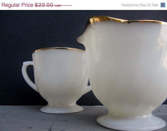 Sale Fire King Creamer and Sugar Milk Glass Shell Pattern with Gold Trim - Modred12
