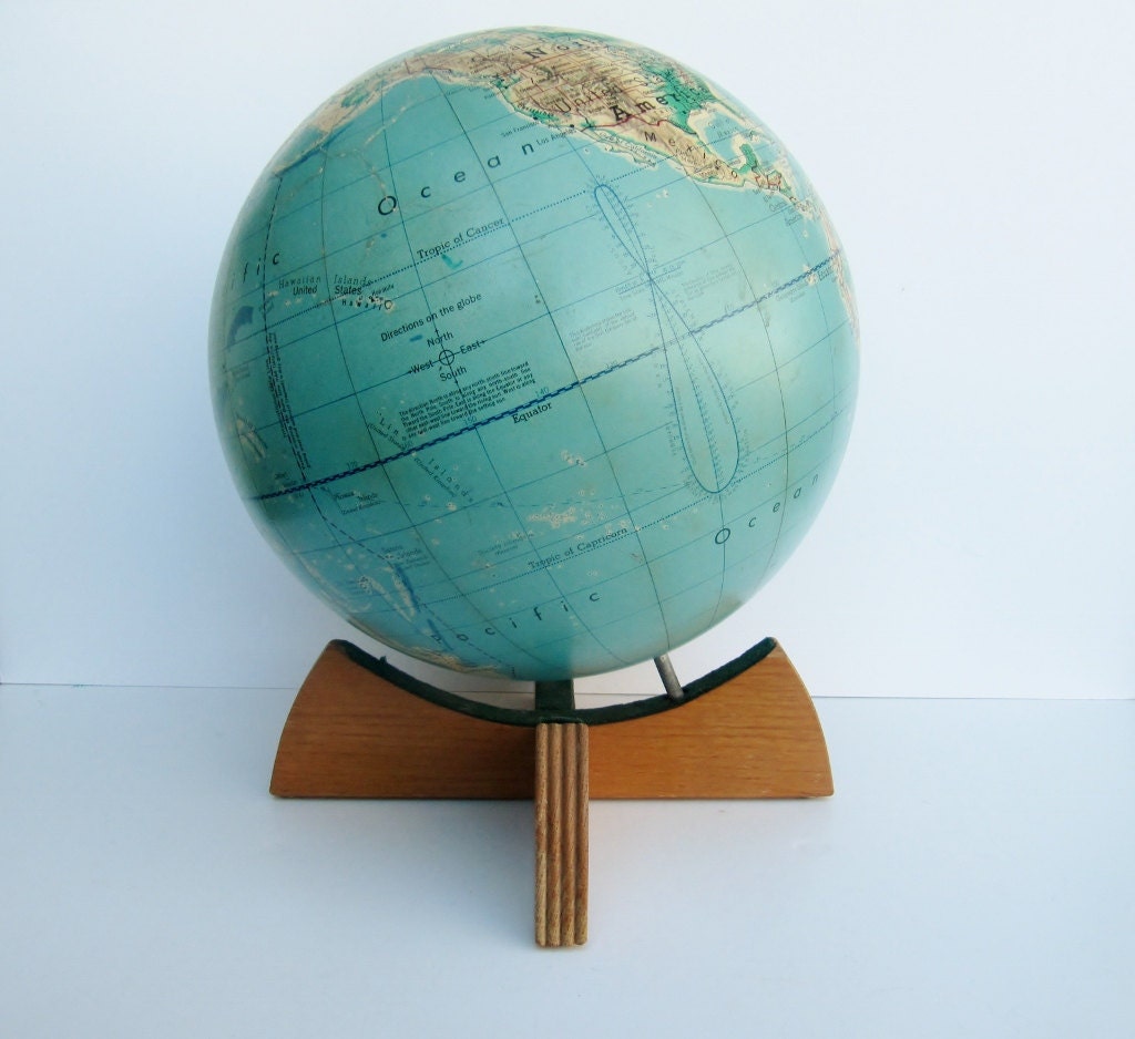 Mid Century Office Globe with Geometric Wood Base