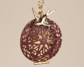 Purple Filigree Locket, Long Fashion Pendant Necklace, Gold Bird Charm, Two Tone Metal Jewelry, Unique Jewellery, Round, Transparent